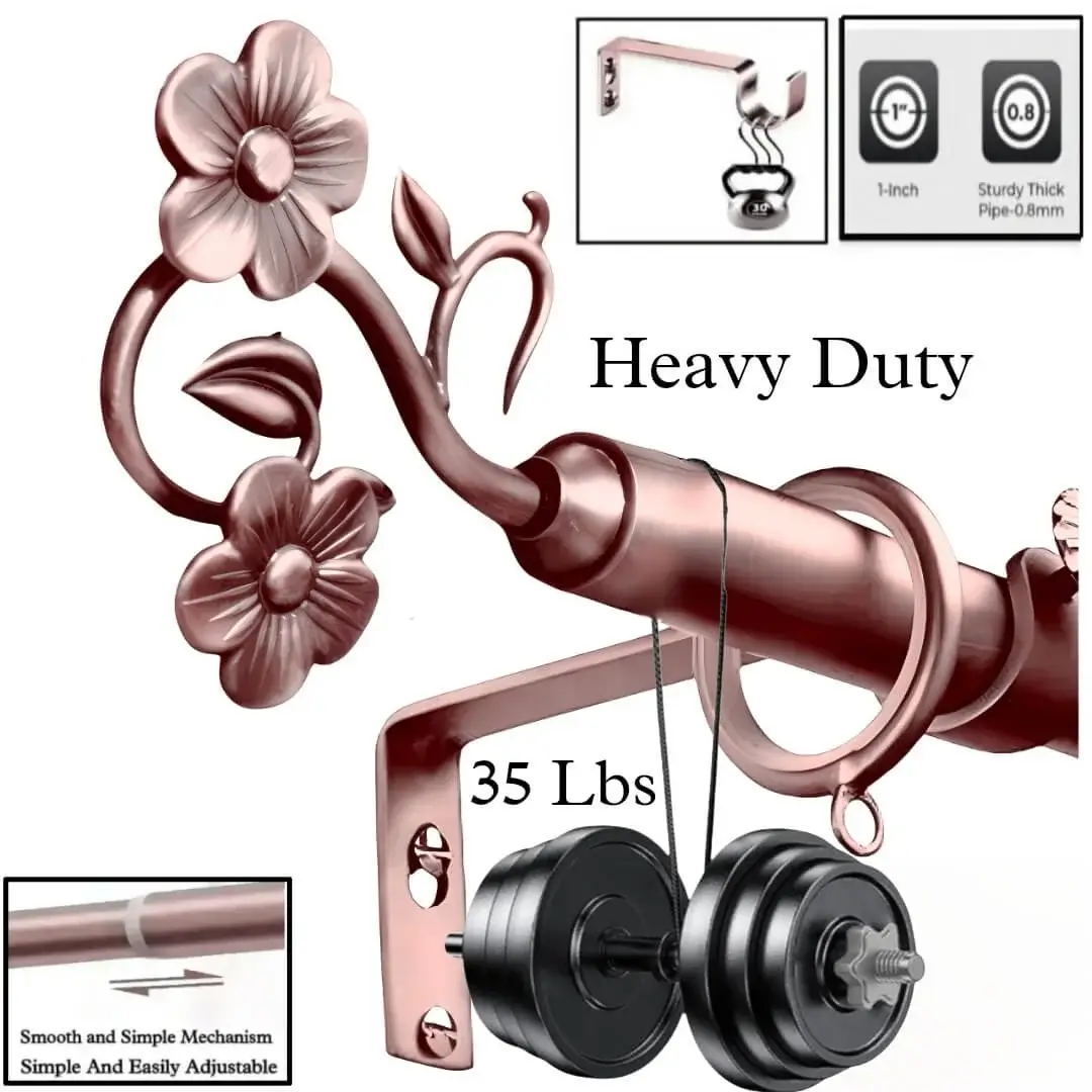 heavy duty adjustable curtain rod, Three-panel durability showcase: (1) Rose gold curtain rod with floral finial supporting 35 lbs (text: 'Heavy Duty, Thick & Sturdy'), proving luxury meets strength (0.8mm thick, 1-inch diameter). (2) Smooth telescoping adjustment (text: 'Simple and Smooth'). (3) Ideal for heavy blackout curtains.