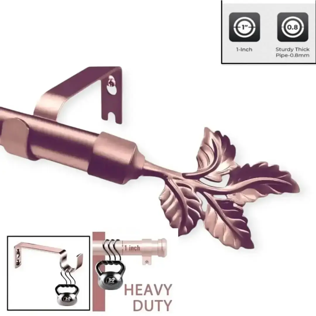 heavy duty curtain rod rose gold finish, Two-panel proof of durability: (1) Rose gold curtain rod with leaf finial holding 33 lbs (0.8mm thick, 1-inch diameter)—text highlights 'Heavy Duty, Thick and Sturdy'. (2) Matching bracket stress-tested with heavy weights, showcasing unmatched strength. Luxury meets industrial performance