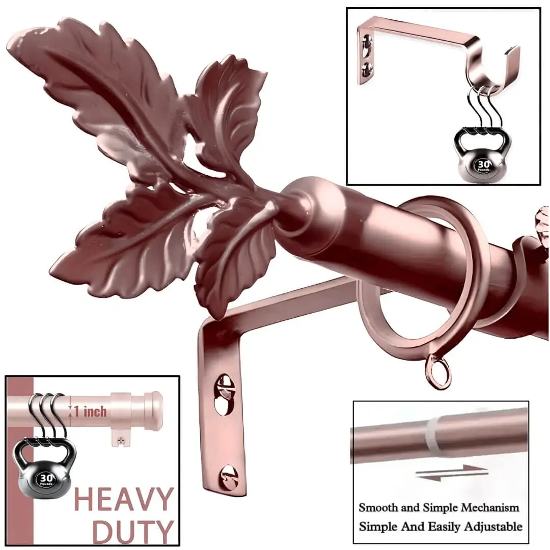 heavy duty extendable curtain rod rose gold extendable curtain rod rose gold heavy duty, Four-panel product showcase: (1) Rose gold curtain rod with elegant leaf finial, (2) Heavy-duty rod supporting heavy weight (text: 'Heavy Duty'), (3) Extendable pole adjusting smoothly (text: 'Simple and Easily Adjustable'), (4) Reinforced bracket holding heavy weight. Highlights durability and premium design