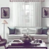 living room rose gold curtain rod extendable curtain rod 10 feet rose gold finish, Stylish living room with flowing curtains on a 10 feet long adjustable rose gold curtain rod with leaf finial, paired with a cozy sofa set, vibrant cushions, and wall paintings—creating a chic, inviting ambiance.