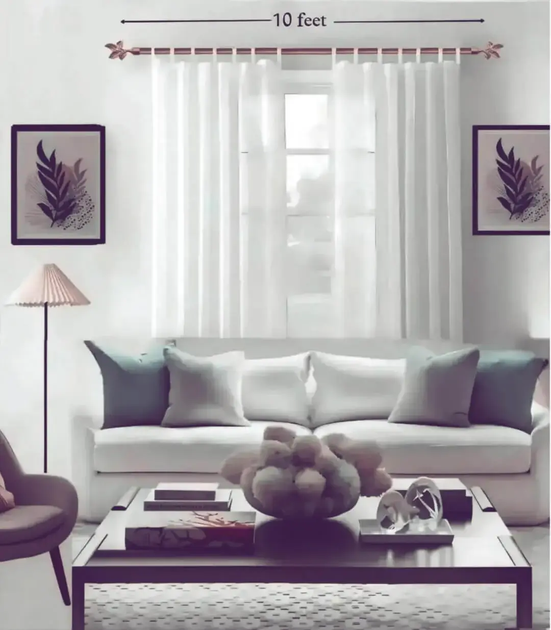 extendable curtain rod 10 feet rose gold finish, Stylish living room with flowing curtains on a 10 feet long adjustable rose gold curtain rod with leaf finial, paired with a cozy sofa set, vibrant cushions, and wall paintings—creating a chic, inviting ambiance.