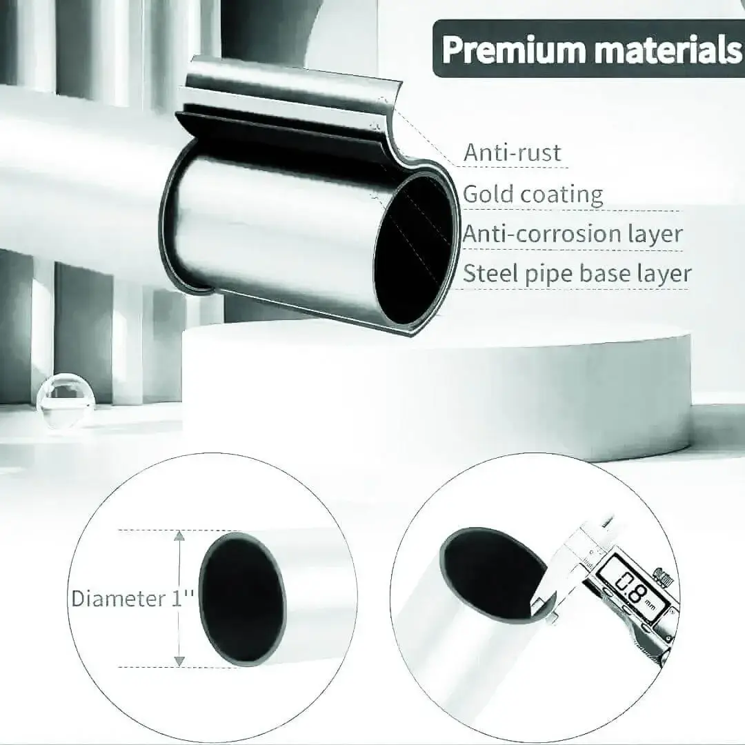 Close-up of chrome finish curtain rod pole with highlighted text: 'Anti-rust coating, 0.8mm thickness, 1-inch diameter' - showcasing durable construction for long-lasting performance