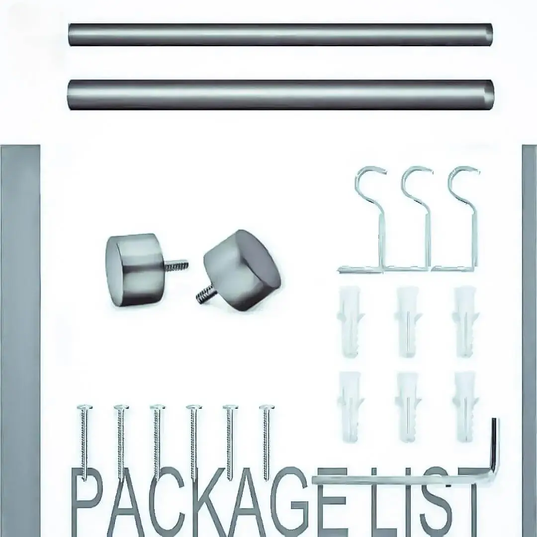Complete grey pewter finish curtain rod set displayed with package contents: 2 decorative finials, 3 heavy-duty brackets, 2 adjustable rods, wall anchors, and screws. Text overlay highlights 'Package List'—everything needed for professional installation