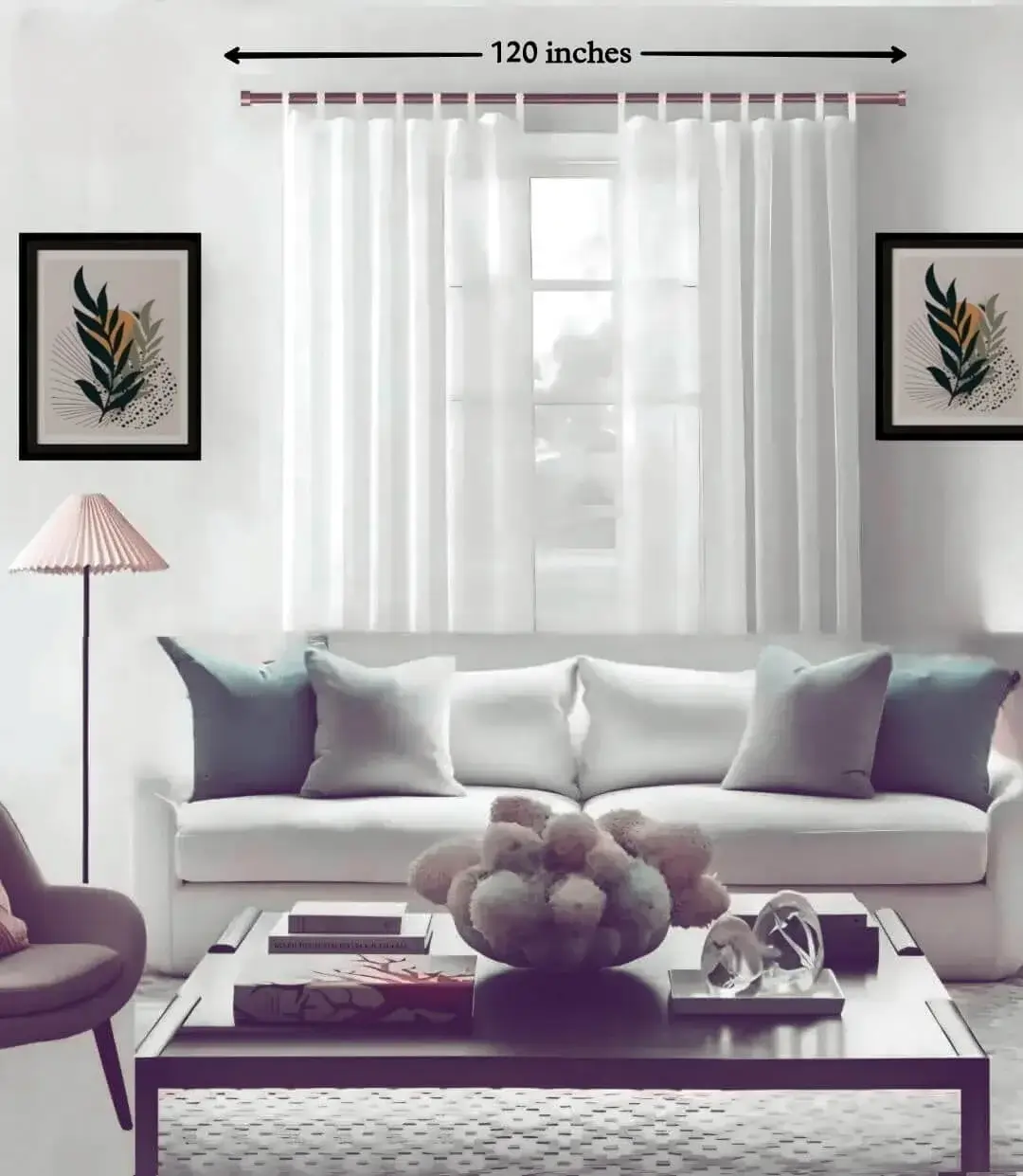 120 inch adjustable curtain rod - Stylish living room with flowing curtains on a adjustable curtain rod 120 inches set pink gold colour, paired with a cozy sofa set, vibrant cushions, and wall paintings—creating a chic, inviting ambiance. Text highlight '120 inches'