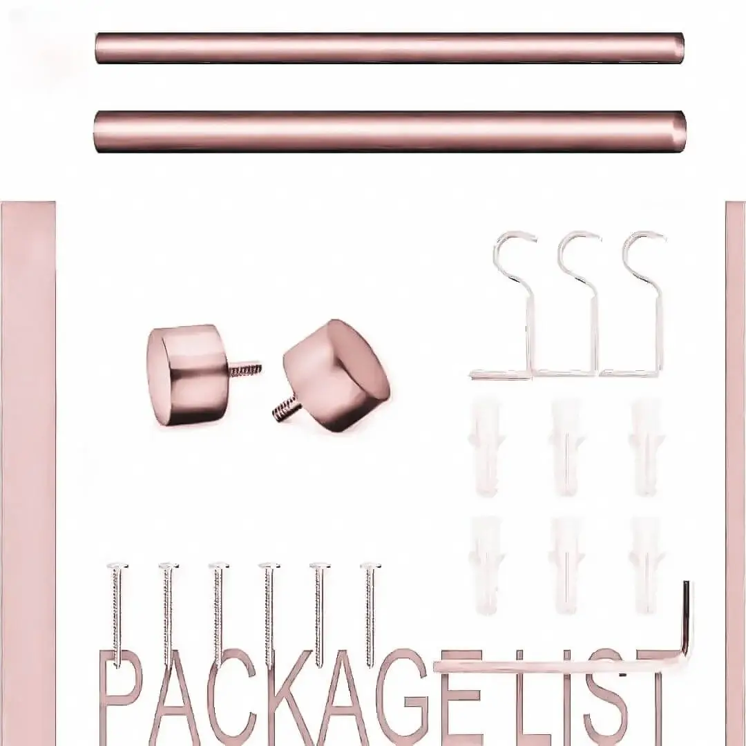 pink gold curtain rods and accessories Complete rose gold curtain rod set displayed with package contents: 2 decorative finials, 3 heavy-duty brackets, 2 adjustable rods, wall anchors, and screws. Text overlay highlights 'Package List'—everything needed for professional installation