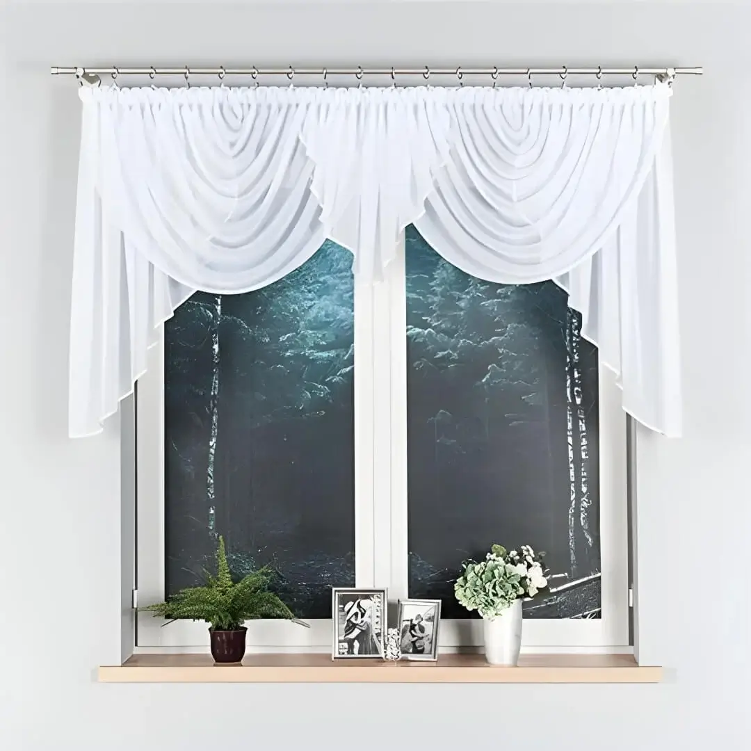rods for window curtains, rods for valance, Stylish white valance curtains in airy voile fabric, elegantly draped over sleek pewter gray-finish curtain rods to frame a cozy bedroom window. The lightweight sheer material softly filters sunlight, creating a chic and serene ambiance—ideal for modern minimalist interiors