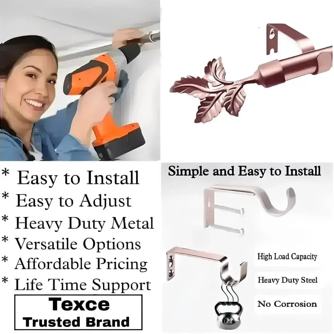 rose gold leaf finial curtain rod with brackets, Three-panel showcase: (1) DIY girl installing a curtain rod with a drill, (2) elegant flower-shaped finial rod design, and (3) close-up of heavy-duty steel brackets. Overlay text highlights: ‘Easy to install, corrosion-proof steel, versatile styles, affordable pricing, lifetime support, and Texce—a trusted brand