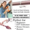 telescopic curtain rods extra long adjustable curtain rod, DIY girl installing rose gold curtain rods with a drill—text highlights ‘Perfect for beginners, DIY enthusiasts, homeowners and renters!’ Features smooth telescoping rods, and easily adjustable design so you never worry about inaccurate measurements