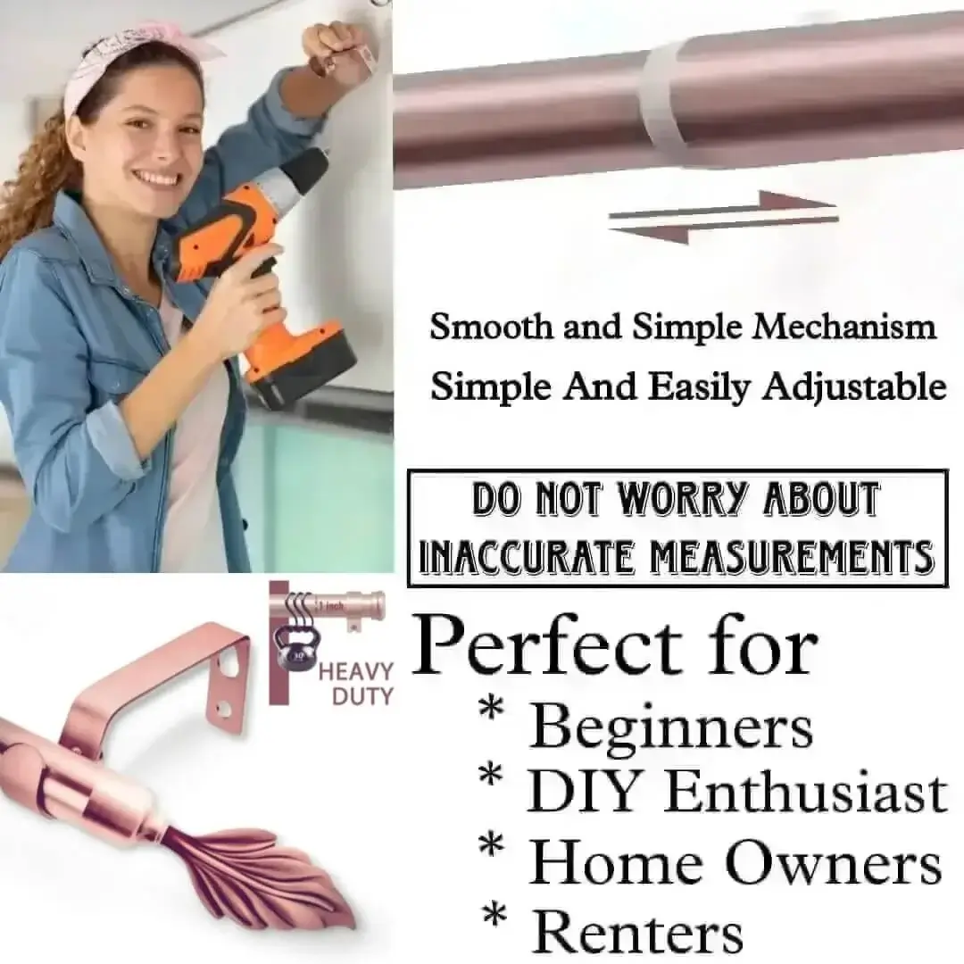extra long adjustable curtain rod, DIY girl installing rose gold curtain rods with a drill—text highlights ‘Perfect for beginners, DIY enthusiasts, homeowners and renters!’ Features smooth telescoping rods, and easily adjustable design so you never worry about inaccurate measurements