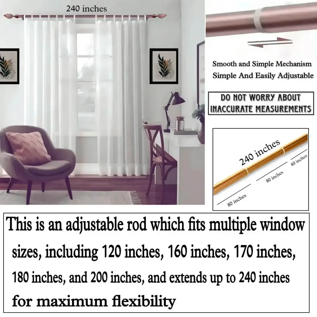 adjustable curtain rods 240 inches, Image of flowing curtains hanging from a 240-inch adjustable curtain rod. Text on the image highlights: “These are adjustable rods that fit multiple window sizes—including 120 inches, 160 inches, 170 inches, 180 inches, and 200 inches—and extend up to 240 inches for maximum flexibility. Therefore, do not worry about inaccurate measurements.