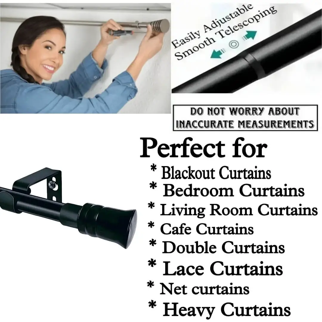 curtain pipe adjustable black extendable curtain rod showcase: DIY girl installing rods with a screwdriver. Text highlights perfect for blackout, bedroom, living room, café, double, lace, net, and heavy curtains. Features smooth telescoping rods and easily adjustable design for precise, hassle-free measurements