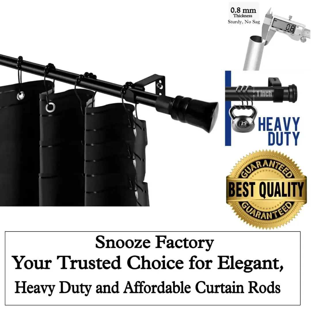 extendable curtain rod set black heavy duty extendable curtain rod set black heavy duty, Rod for heavy curtains showcased in three panels: (1) Heavy blackout curtains hanging from a black curtain rod with decorative finial, (2) Stress test proving 35 lb heavy-duty capacity, (3) Close-up of 1-inch diameter, 0.8mm thick pole ensuring sturdy no-sag construction. Text overlay highlights Snooze Factory’s best quality—blending elegant design with industrial strength