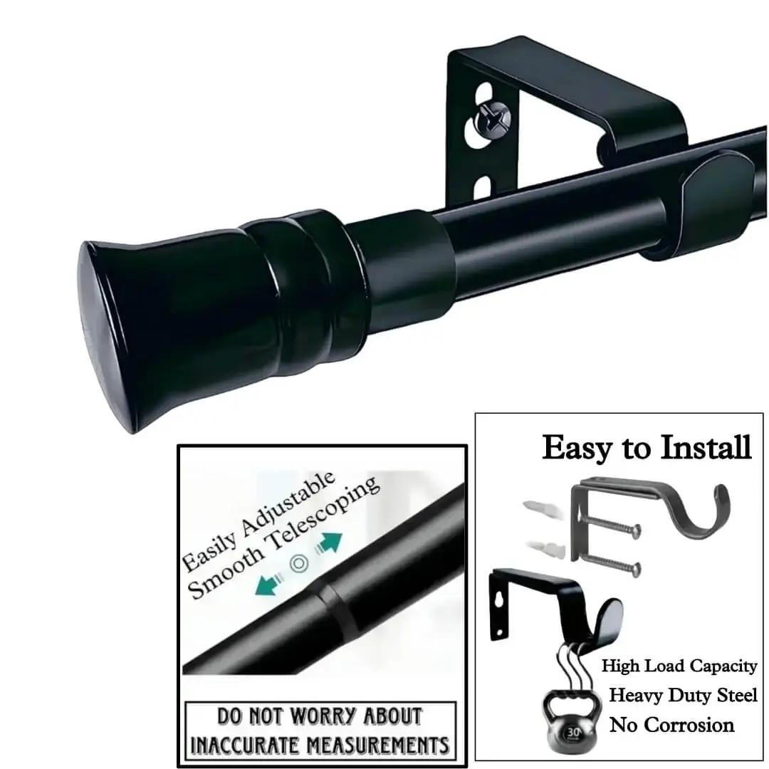 extendable curtain rod set black extendable curtain rod set black, Three-panel showcase of a black extendable curtain rod set: (1) Sleek black curtain rod, (2) Close-up of extendable curtain rod set black, showcasing smooth telescoping adjustment—ideal for custom window sizes with no worry about measurement errors., (3) Heavy-duty black curtain rod bracket supporting 30 lbs, made of corrosion-resistant steel for secure, easy installation and long-lasting use.