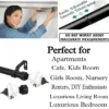 adjustable curtain rod with crystal ends adjustable curtain rod with crystal ends, adjustable curtain rod showcase, DIY girl installing curtain rods with a drill—text highlights ‘Perfect for DIY enthusiasts, Apartments, renters, kids room, girls room, nursery, cafe, luxurious living room and bedroom!’ Features smooth telescoping rods, and easily adjustable design so you never worry about inaccurate measurements