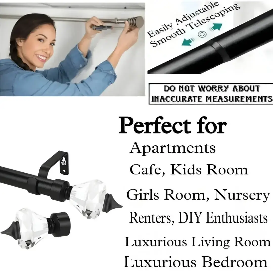 adjustable curtain rod with crystal ends adjustable curtain rod with crystal ends, adjustable curtain rod showcase, DIY girl installing curtain rods with a drill—text highlights ‘Perfect for DIY enthusiasts, Apartments, renters, kids room, girls room, nursery, cafe, luxurious living room and bedroom!’ Features smooth telescoping rods, and easily adjustable design so you never worry about inaccurate measurements