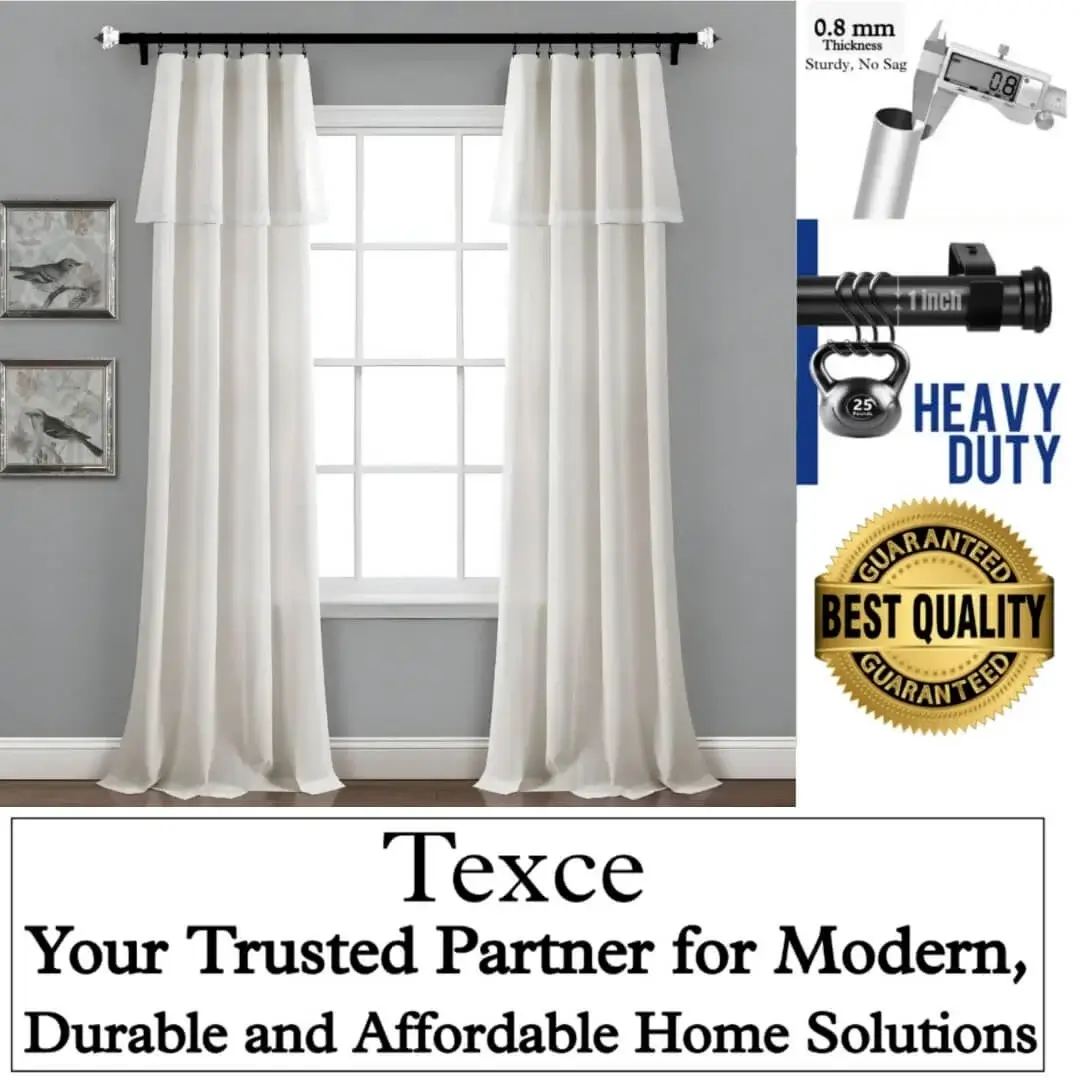 affordable curtain poles affordable curtain pole, Four panel showcase: (1) Stylish living room with flowing white curtains on a 6 ft adjustable curtain rod with single seater and art, (2) Stress test proving no bend under heavy weights, (3) Close-up of 1-inch diameter and 0.8 mm thick sturdy pole (no sag), (4) Text overlay: 'Best quality guaranteed—Texce: modern, durable, affordable home décor solution.' Combines elegance and industrial strength