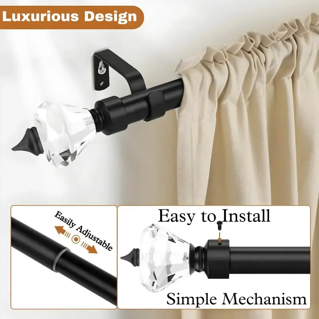 curtain rods with glass finials curtain rods with glass finials, Three-panel feature of a pocket curtain rod: 1) Beautiful pocket-style curtain hanging from a black rod with crystal finial end. 2) Adjustable curtain rod mechanism with 'easily adjustable' text highlight. 3) Demonstration of simple installation with 'easy to install, simple mechanism' highlight.,