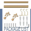 heavy duty curtain rod set gold heavy duty curtain rod set showcase, complete curtain pipe set with accessories displayed with all included components: 2 decorative finials, 3 heavy duty brackets, 2 adjustable rods, wall anchors, and screws. Text overlay lists the 'Package List,' showcasing everything needed for professional installation.
