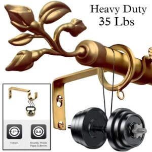 heavy duty curtain rods, curtain rods heavy duty, Two-panel proof of durability: (1) Gold curtain rod with leaf finial holding 33 lbs (0.8mm thick, 1-inch diameter)—text highlights 'Heavy Duty, Thick and Sturdy'. (2) Matching bracket stress-tested with heavy weights, showcasing unmatched strength. Luxury meets industrial performance