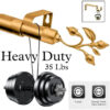 heavy duty curtain rods and brackets heavy duty curtain pole, Two-panel proof of durability: (1) Gold curtain rod with leaf finial holding 33 lbs (0.8mm thick, 1-inch diameter)—text highlights 'Heavy Duty, Thick and Sturdy'. (2) Matching bracket stress-tested with heavy weights, showcasing unmatched strength. Luxury meets industrial performance