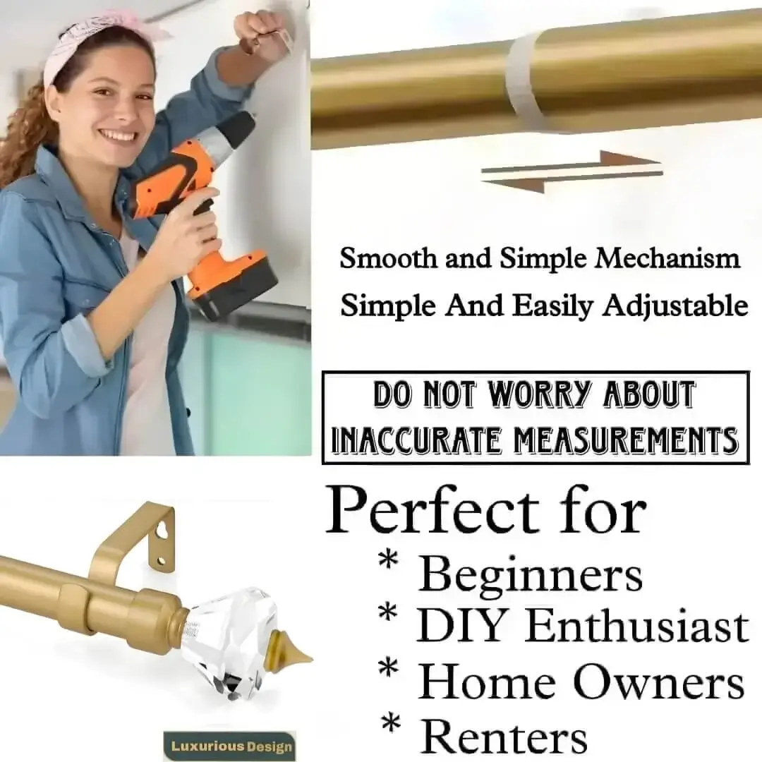 adjustable crystal curtain rods, adjustable curtain rod showcase, DIY girl installing curtain rods with a drill—text highlights ‘Perfect for DIY enthusiasts, Apartments, renters, beginners, home owners !’ Features smooth telescoping rods, and easily adjustable design so you never worry about inaccurate measurements