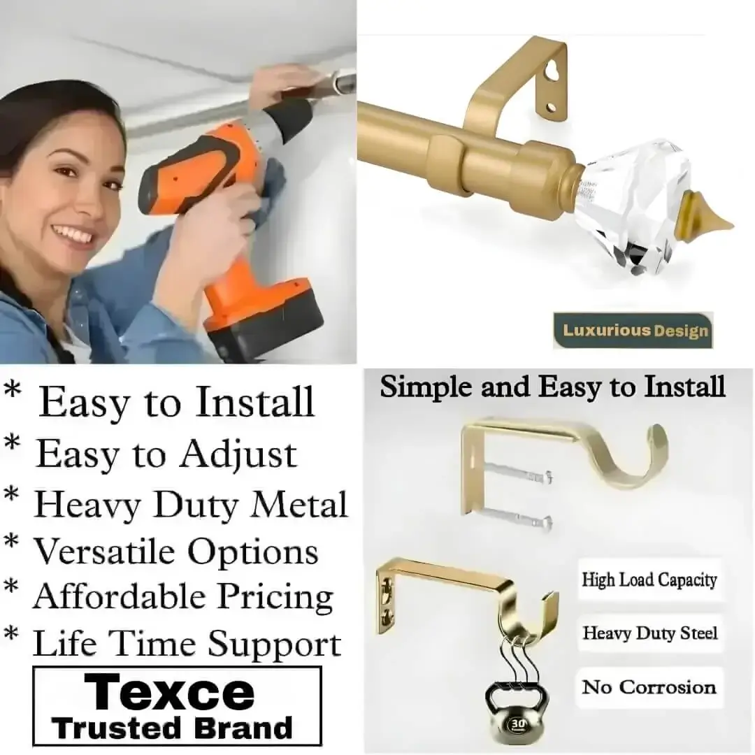 crystal curtain rod with holder, Three-panel showcase: (1) DIY girl installing a curtain rod with a drill, (2) elegant gold colour curtain rod with crystal ends, and (3) close up of heavy duty steel holder. Overlay text highlights: ‘Easy to install, easily adjustable, heavy duty metal, versatile option, affordable pricing, life time support, heavy load capacity, heavy duty steel, no corrosion and Texce—a trusted brand.