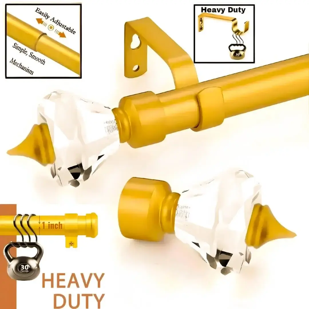 heavy duty adjustable curtain rods and brackets, Four-panel product showcase: 1) Elegant gold curtain rod with diamond-shaped finial ends for a luxury window treatment. 2) Close-up demonstrating smooth telescoping adjustability with text 'easily adjustable, simple smooth mechanism' for perfect fitting. 3) Heavy-duty curtain bracket supporting significant weight with 'heavy duty' text highlight, emphasizing strength and durability. 3) Heavy duty curtain rods supporting significant weight with 'heavy duty' text highlight, emphasizing strength and durability.
