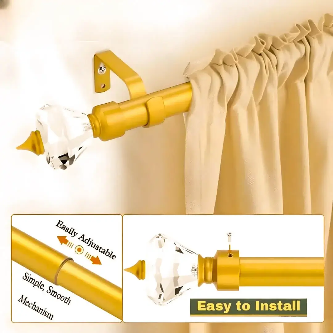 gold adjustable curtain rod with crystal, Three-panel feature of a pocket curtain rod: 1) Beautiful pocket-style curtain hanging from a gold rod with crystal finial end. 2) Adjustable curtain rod mechanism with 'easily adjustable' text highlight. 3) Demonstration of simple installation with 'easy to install, simple mechanism' highlight.