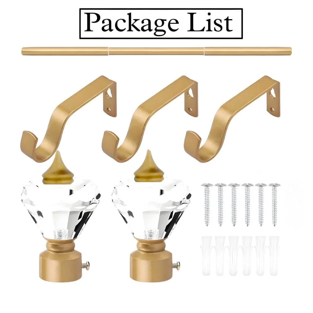 gold curtain rod kit with crystal ends, curtain rod set showcase, complete curtain pipe set with accessories displayed with all included components: 2 decorative finials, 3 heavy duty brackets, 2 adjustable rods, wall anchors, and screws. Text overlay lists the 'Package List,' showcasing everything needed for professional installation.