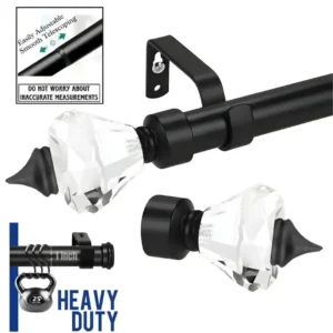 heavy duty adjustable curtain rods, Three-panel product showcase: 1) Elegant black curtain rod with diamond-shaped finial ends for a luxury window treatment. 2) Close-up demonstrating smooth telescoping adjustability with text 'easily adjustable, simple smooth mechanism' for perfect fitting. 3) Heavy duty curtain rods supporting significant weight with 'heavy duty' text highlight, emphasizing strength and durability.