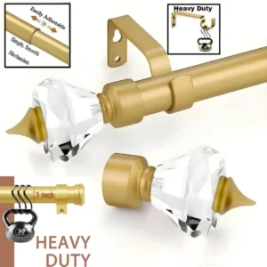 heavy duty adjustable curtain rods and brackets, Four-panel product showcase: 1) Elegant gold curtain rod with diamond-shaped finial ends for a luxury window treatment. 2) Close-up demonstrating smooth telescoping adjustability with text 'easily adjustable, simple smooth mechanism' for perfect fitting. 3) Heavy-duty curtain bracket supporting significant weight with 'heavy duty' text highlight, emphasizing strength and durability. 3) Heavy duty curtain rods supporting significant weight with 'heavy duty' text highlight, emphasizing strength and durability.