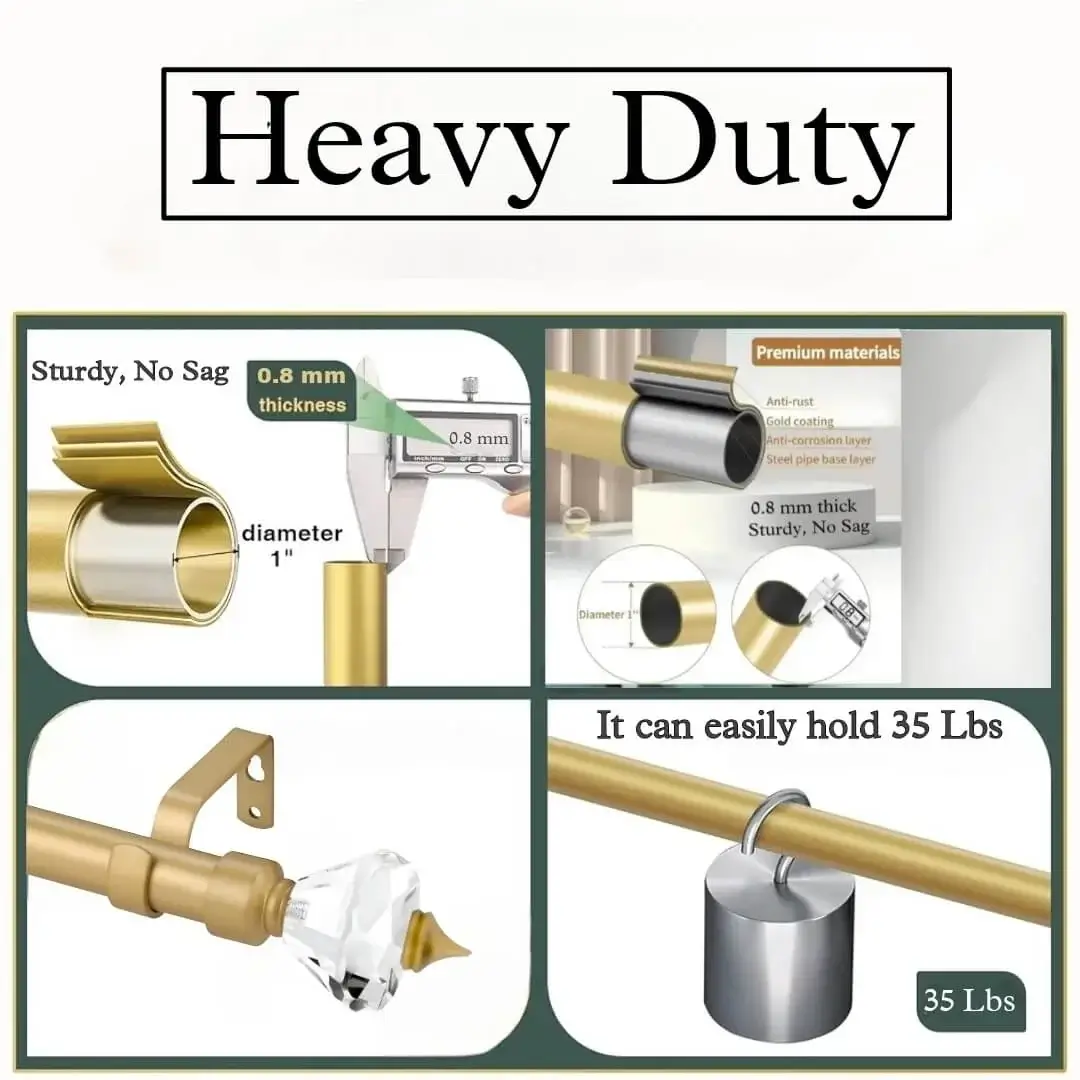 high quality curtain rods, Composite image showcasing three features of a premium curtain rod: 1) Close-up of the pole highlighting 'Anti-rust coating, 0.8mm thickness, 1-inch diameter' for durable construction. 2) A strength demonstration, holding heavy weight with text '35 lbs load capacity'. 3) The elegant final product: a gold curtain rod with a crystal finial.