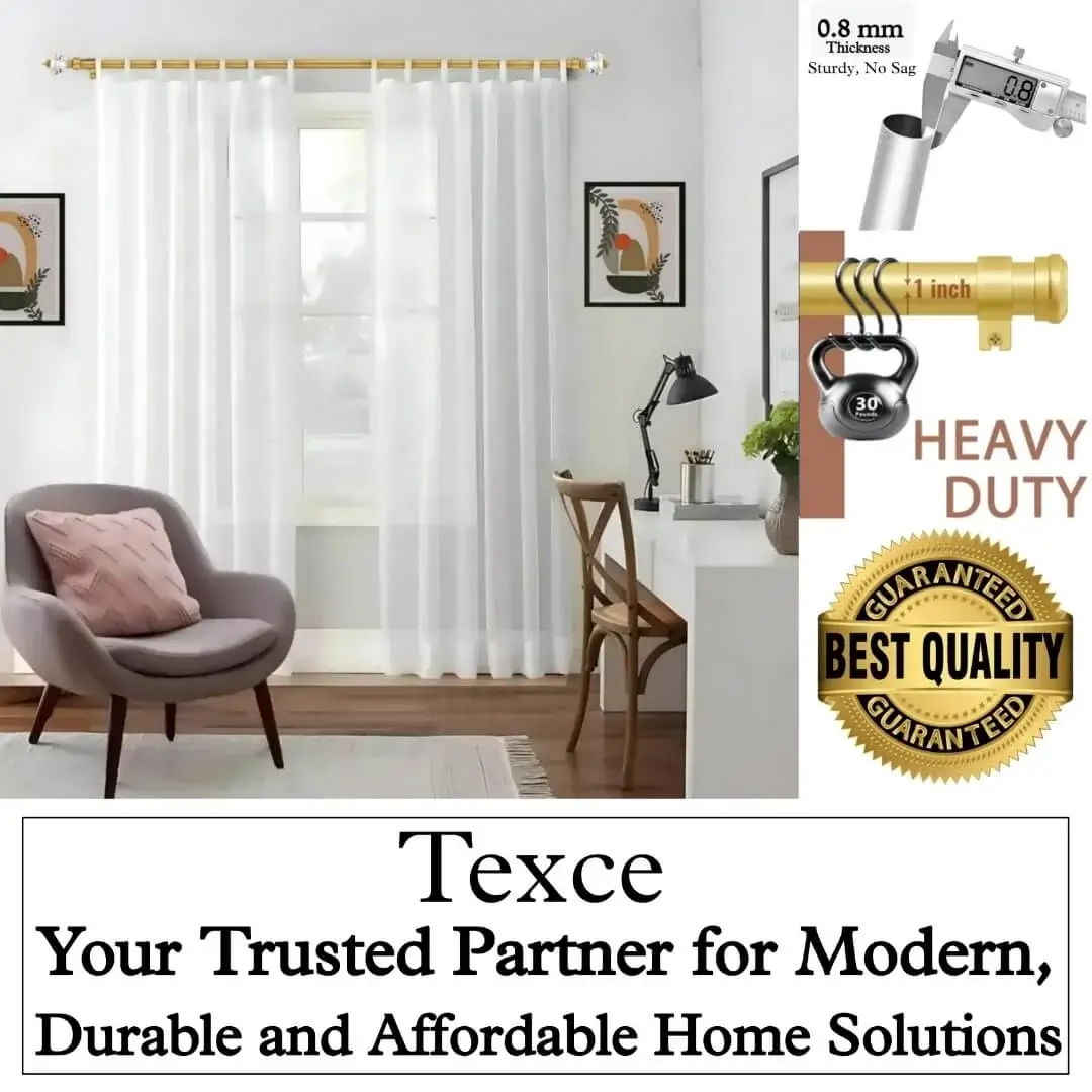 modern curtain rods for bedroom, Four panel showcase: (1) Stylish bedroom with flowing white curtains on a 6 ft adjustable curtain rod with single seater and art, (2) Stress test proving no bend under heavy weights, (3) Close-up of 1-inch diameter and 0.8 mm thick sturdy pole (no sag), (4) Text overlay: 'Best quality guaranteed—Texce: modern, durable, affordable home décor solution.' Combines elegance and industrial strength