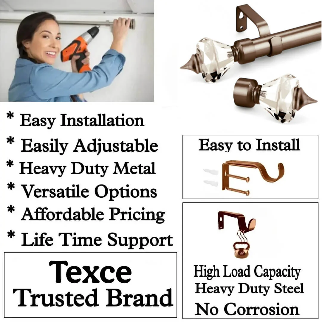 adjustable curtain pole and brackets adjustable curtain pole and brackets - Three-panel showcase: (1) DIY girl installing a curtain rod with a drill, (2) elegant brown colour curtain rod with crystal ends, and (3) close up of heavy duty steel holder. Overlay text highlights: ‘Easy to install, easily adjustable, heavy duty metal, versatile option, affordable pricing, life time support, heavy load capacity, heavy duty steel, no corrosion and Texce—a trusted brand.