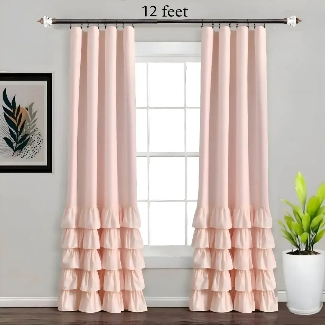 adjustable curtain rod 12 feet adjustable curtain rod 12 feet - Elegant pink curtains hanging from a sturdy 12 feet brown adjustable curtain rod with crystal ends in a cozy living room, paired with a modern single-seater sofa, wooden study table, and decorative wall painting for a stylish home decor setup. Text highlight '12 feet'