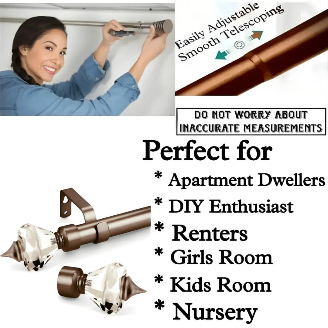 adjustable curtain rod extendable curtain rod showcase - DIY girl installing curtain rods with a drill—text highlights ‘Perfect for DIY enthusiasts, Apartments, renters, beginners, home owners !’ Features smooth telescoping rods, and easily adjustable design so you never worry about inaccurate measurements