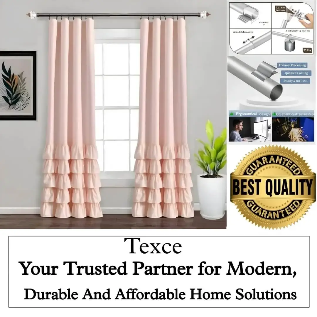 best adjustable curtain rod best adjustable curtain rods - showcase: (1) Stylish living room with flowing pink curtains on a brown curtain pole with wall art, text highlight "15 feet" (2) Stress test proving no bend under heavy weights, (3) Close-up of 1-inch diameter and 0.8 mm thick sturdy pole (no sag), (4) Text overlay: 'Best quality guaranteed—Texce: modern, durable, affordable home décor solution.' Combines elegance and industrial strength