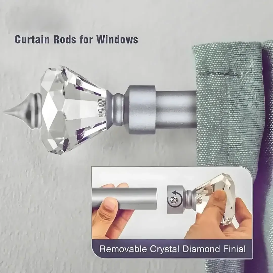 curtain finial for curtain rod curtain rod with diamond ends- Closeup of a grey colour curtain rod with crystal diamond finial end