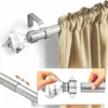 curtain rod with finials curtain rods with decorative finials - Three-panel feature of a pocket curtain rod: 1) Beautiful pocket-style curtain hanging from a metallic grey curtain rod with crystal finial ends. 2) Adjustable curtain rod mechanism with 'easily adjustable' text highlight. 3) Demonstration of simple installation with 'easy to install, simple mechanism' highlight.
