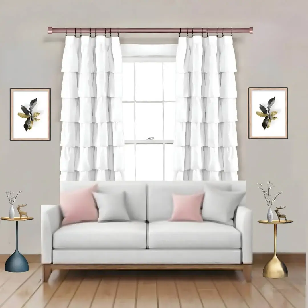 curtain rods for living hall curtain rods for home - Stylish living room with flowing white curtains on a drapery curtain rods paired with a cozy sofa set, vibrant cushions, and wall paintings—creating a chic, inviting ambiance.