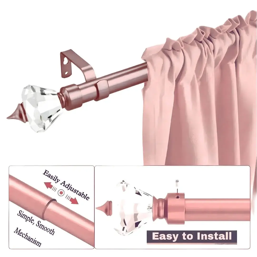 curtain rods adjustable curtain rods - Three-panel feature of a pocket curtain rod: 1) Beautiful pocket-style curtain hanging from a metallic rose gold curtain rod with crystal finial ends. 2) Adjustable curtain rod mechanism with 'easily adjustable' text highlight. 3) Demonstration of simple installation with 'easy to install, simple mechanism' highlight.