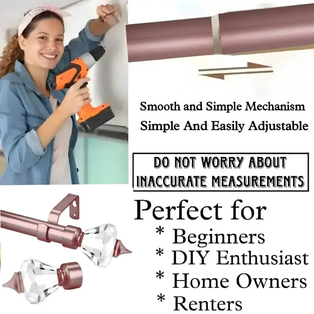 expandable curtain rods expandable curtain rods - DIY girl installing adjustable curtain rods with a drill—text highlights ‘Perfect for DIY enthusiasts, Apartments, renters, beginners, home owners !’ Features smooth telescoping rods, and easily adjustable design so you never worry about inaccurate measurements