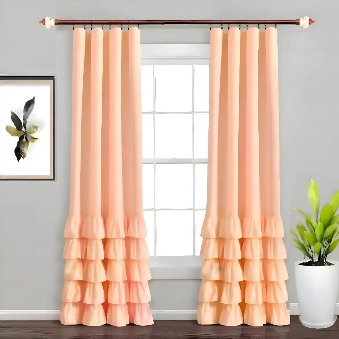 window curtains window curtains - Elegant peach curtains hanging from a sturdy curtain rod with crystal ends in a cozy living room, paired with a modern decorative wall painting for a stylish home decor setup.