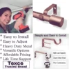 adjustable curtain rods with brackets rose gold curtain rods with holders - Three-panel showcase: (1) DIY girl installing a luxurious rose gold curtain rod with a drill, (2) close up of luxurious rose gold gold curtain rod, and (3) close up of heavy duty steel holder. Overlay text highlights: ‘Easy to install, easily adjustable, heavy duty metal, versatile option, affordable pricing, life time support, heavy load capacity, heavy duty steel, no corrosion and Texce—a trusted brand.