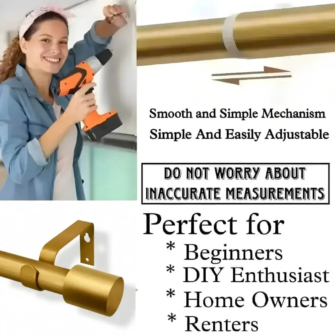 adjustable drapery rods adjustable curtain rods - DIY girl installing luxurious gold adjustable curtain rods with a drill—text highlights ‘Perfect for DIY enthusiasts, Apartments, renters, beginners, home owners !’ Features smooth telescoping rods, and easily adjustable design so you never worry about inaccurate measurements