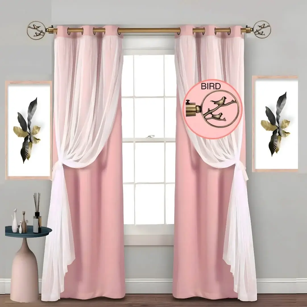 adjustable rods adjustable rods - Double curtains on a window elegantly styled with a gold adjustable curtain rods set featuring bird-on-tree finials, securely mounted with wall brackets and holder, creating a chic and inviting living room ambiance with wall art and side table, suitable for long window or door curtains.