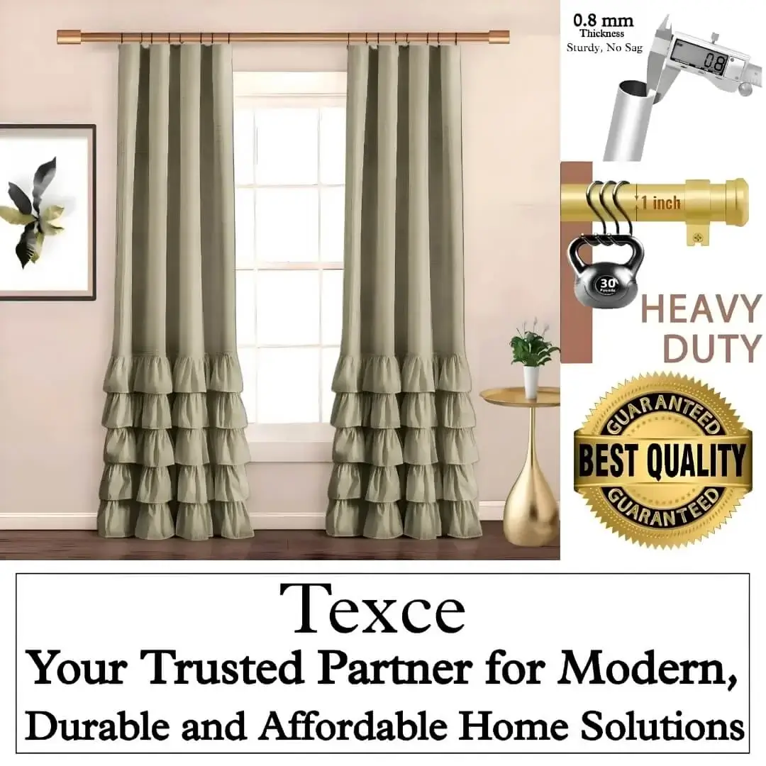 best curtain rods and holders best curtain rods and holders - showcase: (1) Stylish living room with flowing curtains on a luxurious gold curtain rod with wall art, text highlight "(2) Curtain rod holding heavy weight, stress test proving no bend under heavy weights, (3) Close-up of 1-inch diameter and 0.8 mm thick sturdy pole (no sag), (4) Text overlay: 'Best quality guaranteed—Texce: modern, durable, affordable home décor solution.' Combines elegance and industrial strength