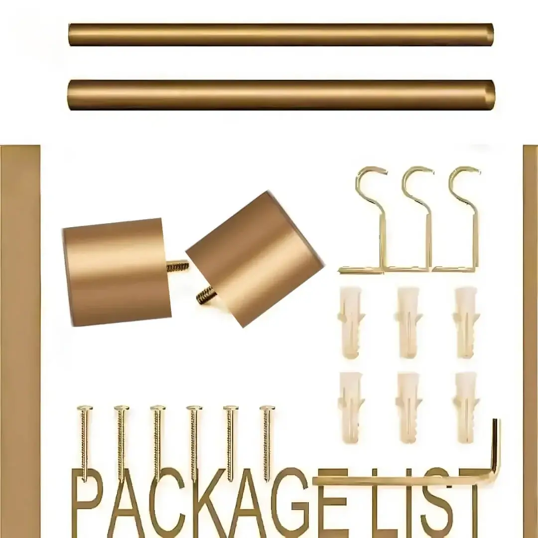 curtain rods and holders curtain rods and holders - complete curtain rod set with accessories displayed with all included components: 2 decorative finials, 3 heavy duty brackets, 2 adjustable rods, wall anchors, and screws. Text overlay lists the 'Package List,' showcasing everything needed for professional installation.