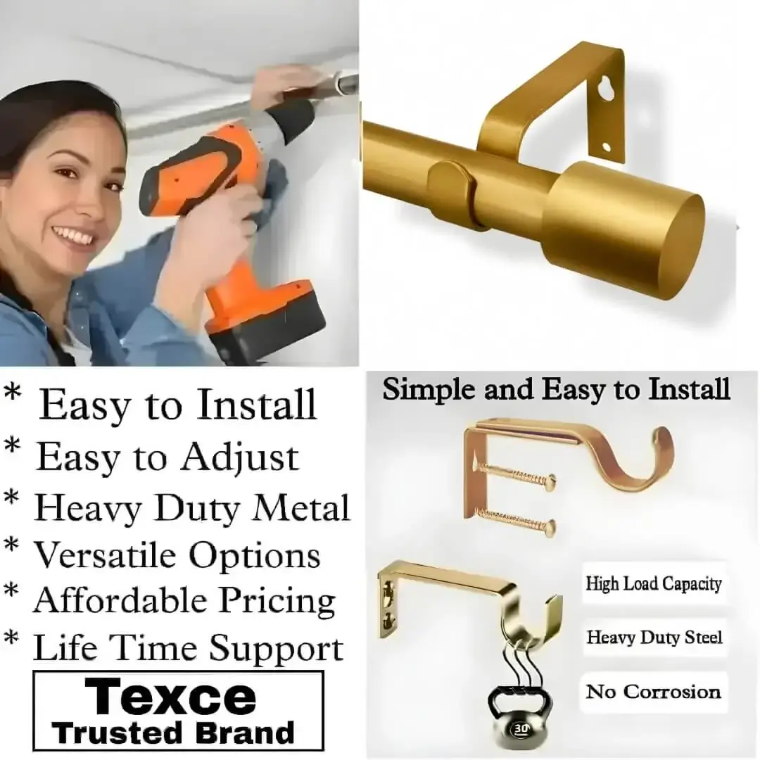 curtain rods with holders curtain rods with holders - Three-panel showcase: (1) DIY girl installing a luxurious gold curtain rod with a drill, (2) close up of luxurious gold curtain rod, and (3) close up of heavy duty steel holder. Overlay text highlights: ‘Easy to install, easily adjustable, heavy duty metal, versatile option, affordable pricing, life time support, heavy load capacity, heavy duty steel, no corrosion and Texce—a trusted brand.