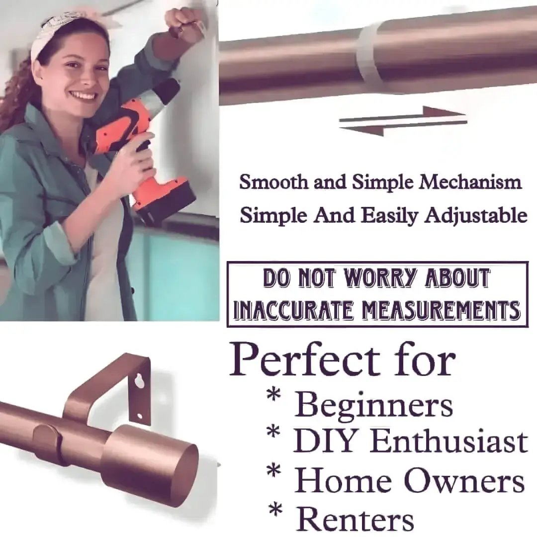 extendable rods for curtains adjustable rods for curtains - DIY girl installing luxurious rose gold adjustable curtain rods with a drill—text highlights ‘Perfect for DIY enthusiasts, Apartments, renters, beginners, home owners !’ Features smooth telescoping rods, and easily adjustable design so you never worry about inaccurate measurements